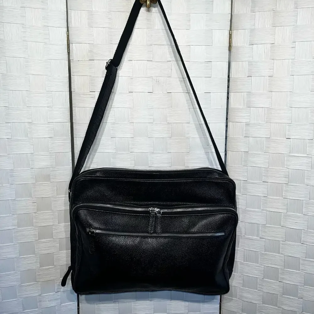 Lucaldo Men’s Laptop/Briefcase Messenger Bag Black Leather Multi Pockets Italian